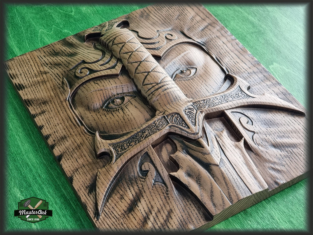 Warrior and sword carved panel made of wood, wood wall art, wall decor carving