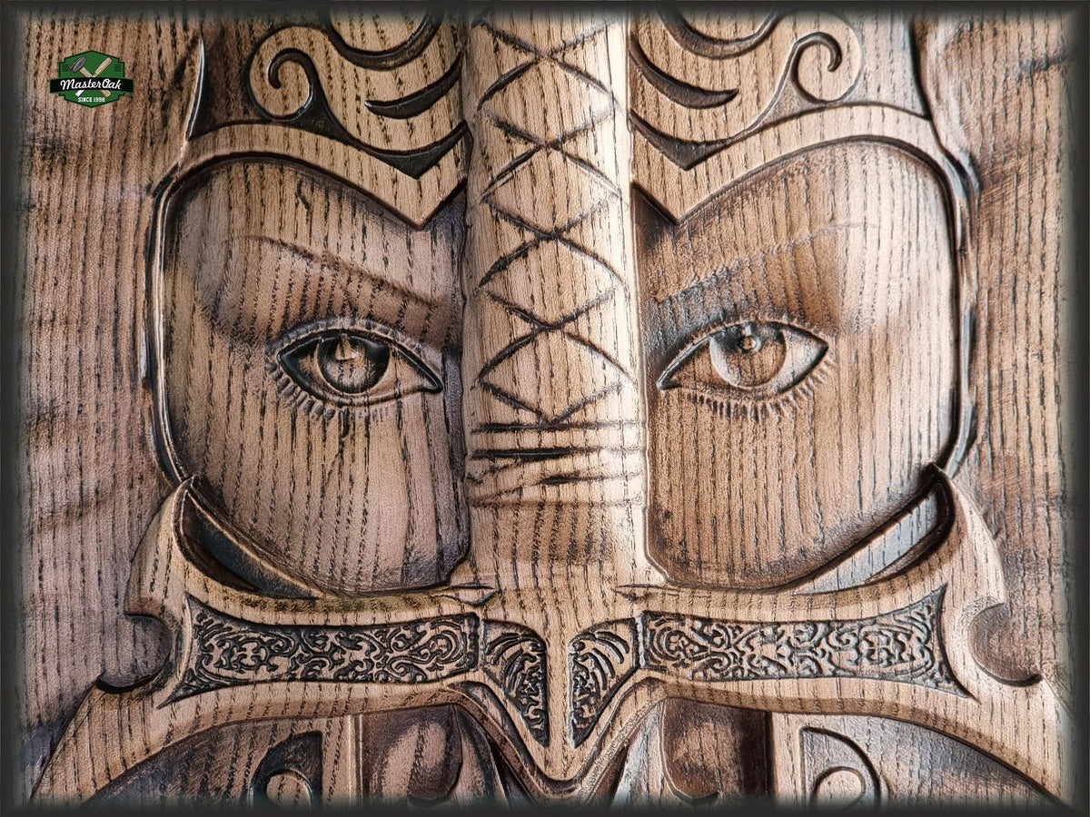 Warrior and sword carved panel made of wood, wood wall art, wall decor carving