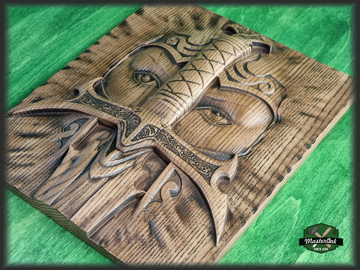 Warrior and sword carved panel made of wood, wood wall art, wall decor carving