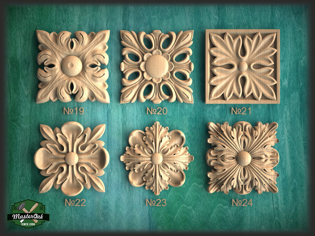 Square Carved Rosette of Wood, 1 piece, Home Wall Embellishments, square wood onlays, wood wall art decor