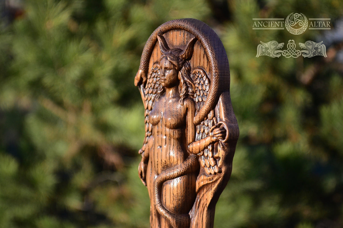 Lilith — Carved Oak Wood Statue, 9″