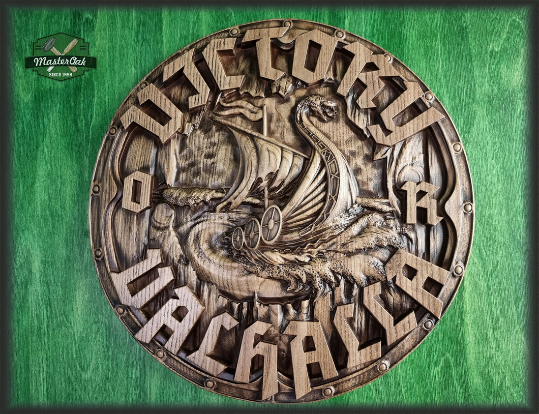 Victory or Valhalla carved panel of wood, Vikings Drakkar, Viking Wall art, Viking shield Wall decor,