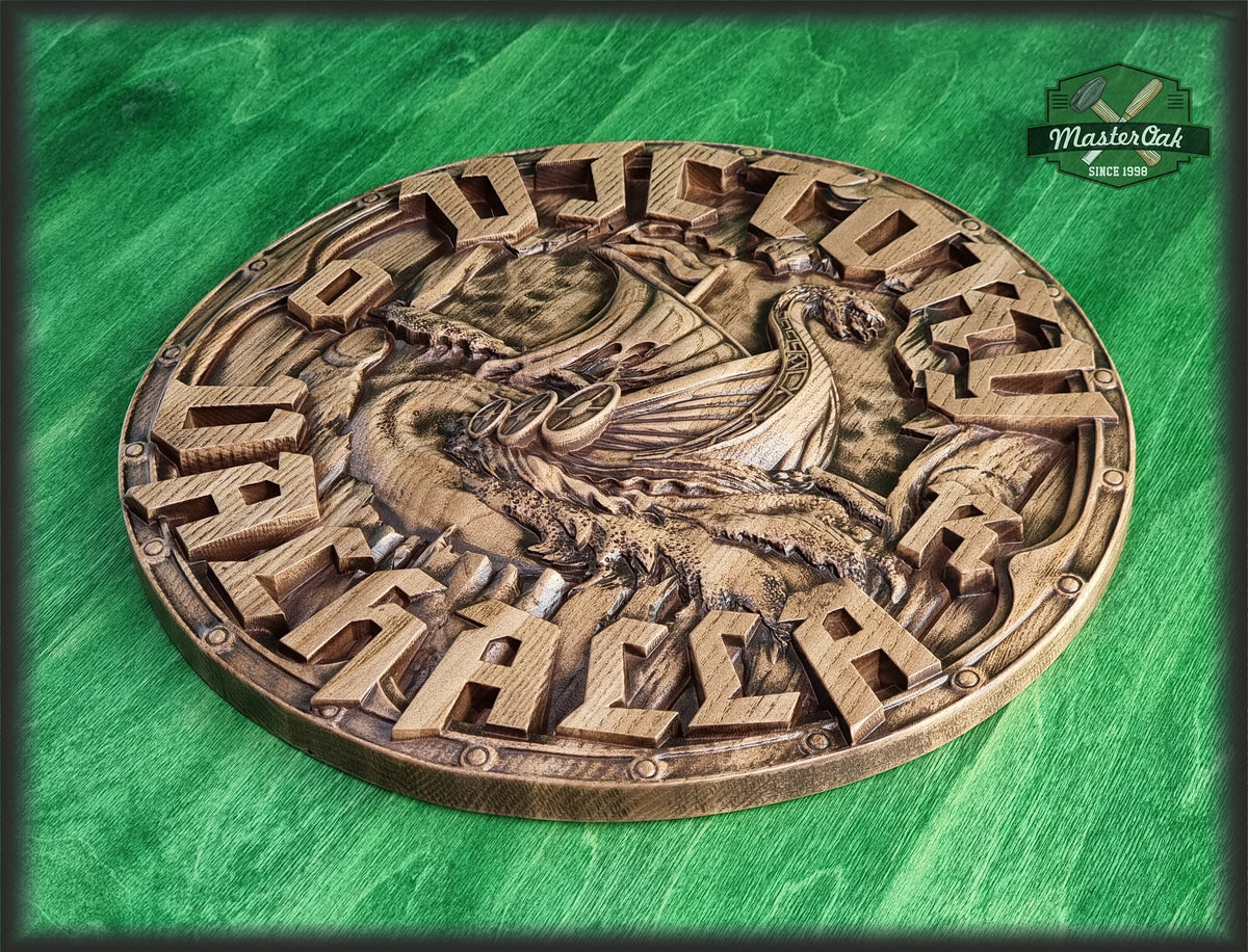 Victory or Valhalla carved panel of wood, Vikings Drakkar, Viking Wall art, Viking shield Wall decor,