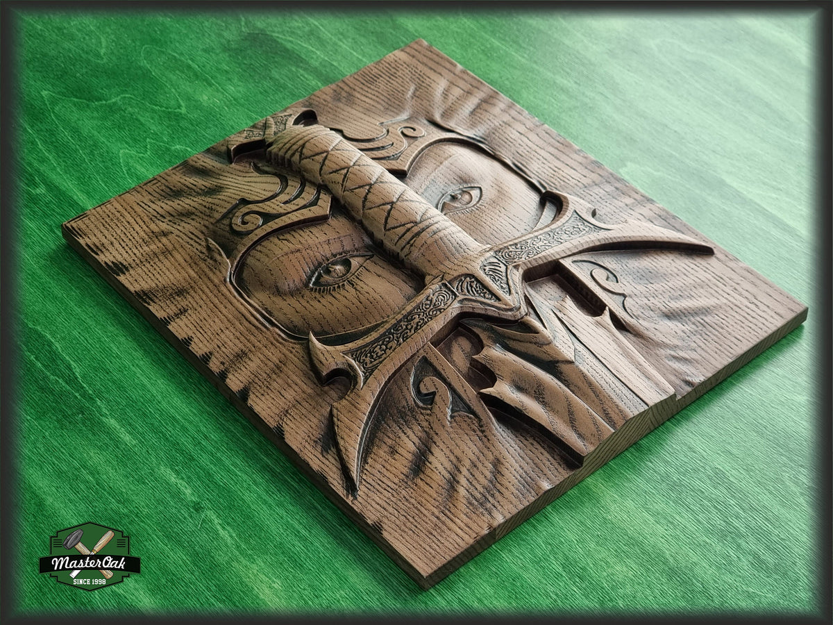 Warrior and sword carved panel made of wood, wood wall art, wall decor carving