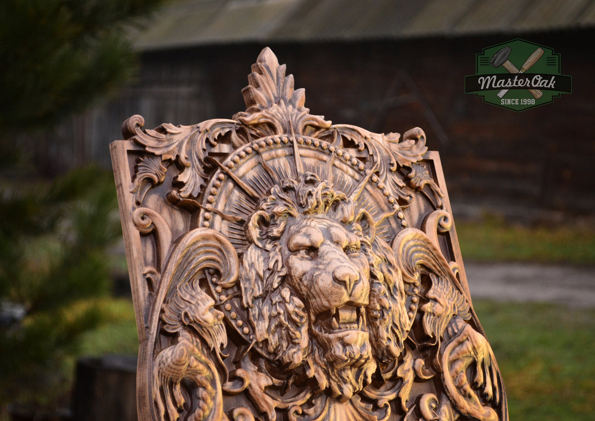 Wooden panel Carved Lion Head and Skull,  wood wall hanging plaque wood carvings wood carved dark art