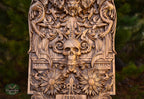 Wooden panel Carved Lion Head and Skull,  wood wall hanging plaque wood carvings wood carved dark art