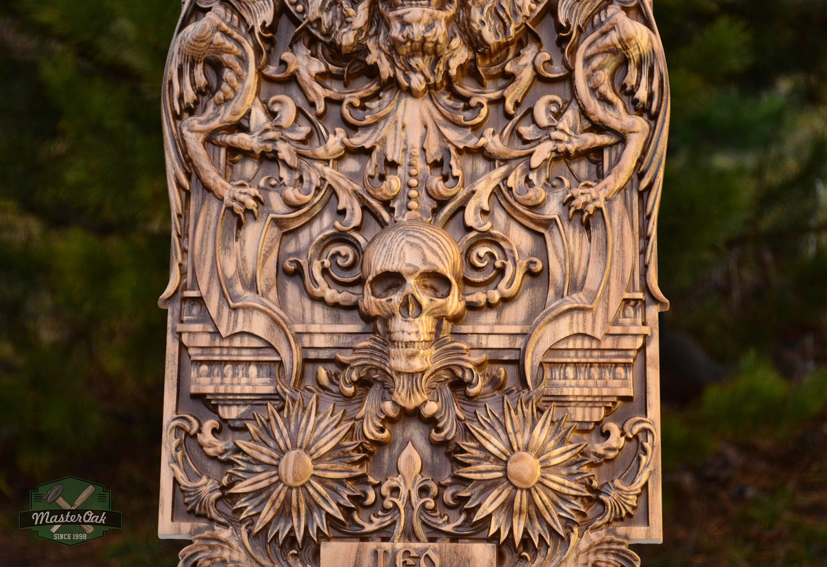 Wooden panel Carved Lion Head and Skull,  wood wall hanging plaque wood carvings wood carved dark art