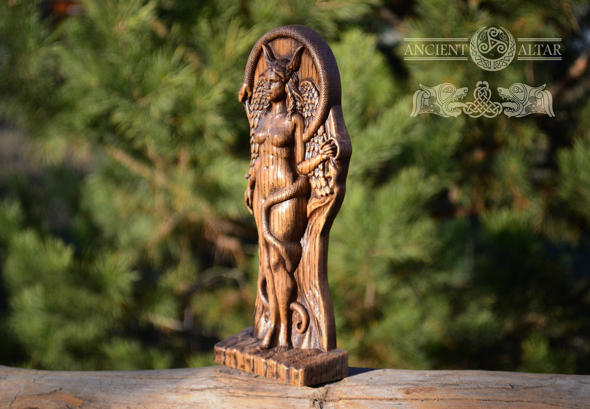 Lilith — Carved Oak Wood Statue, 9″