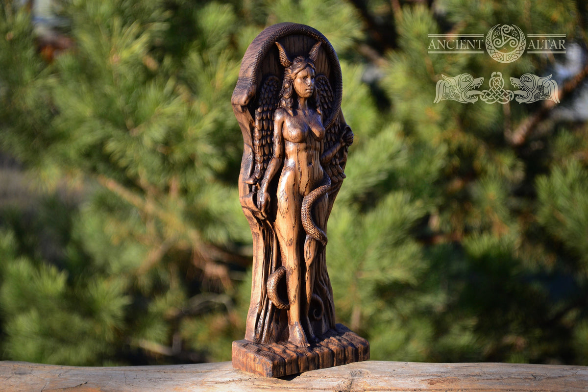 Lilith — Carved Oak Wood Statue, 9″