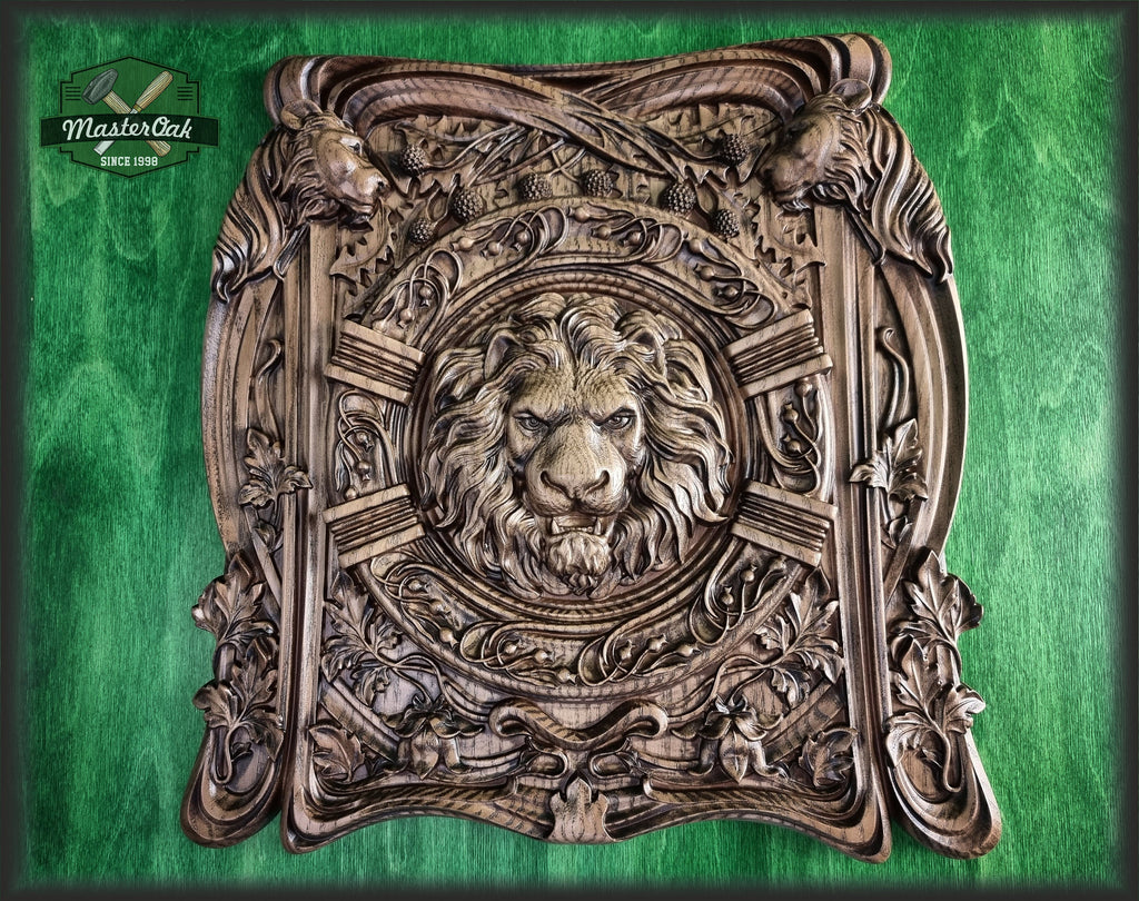 Wooden Lion Head Panel Carved wood carvings wood wall hanging plaque