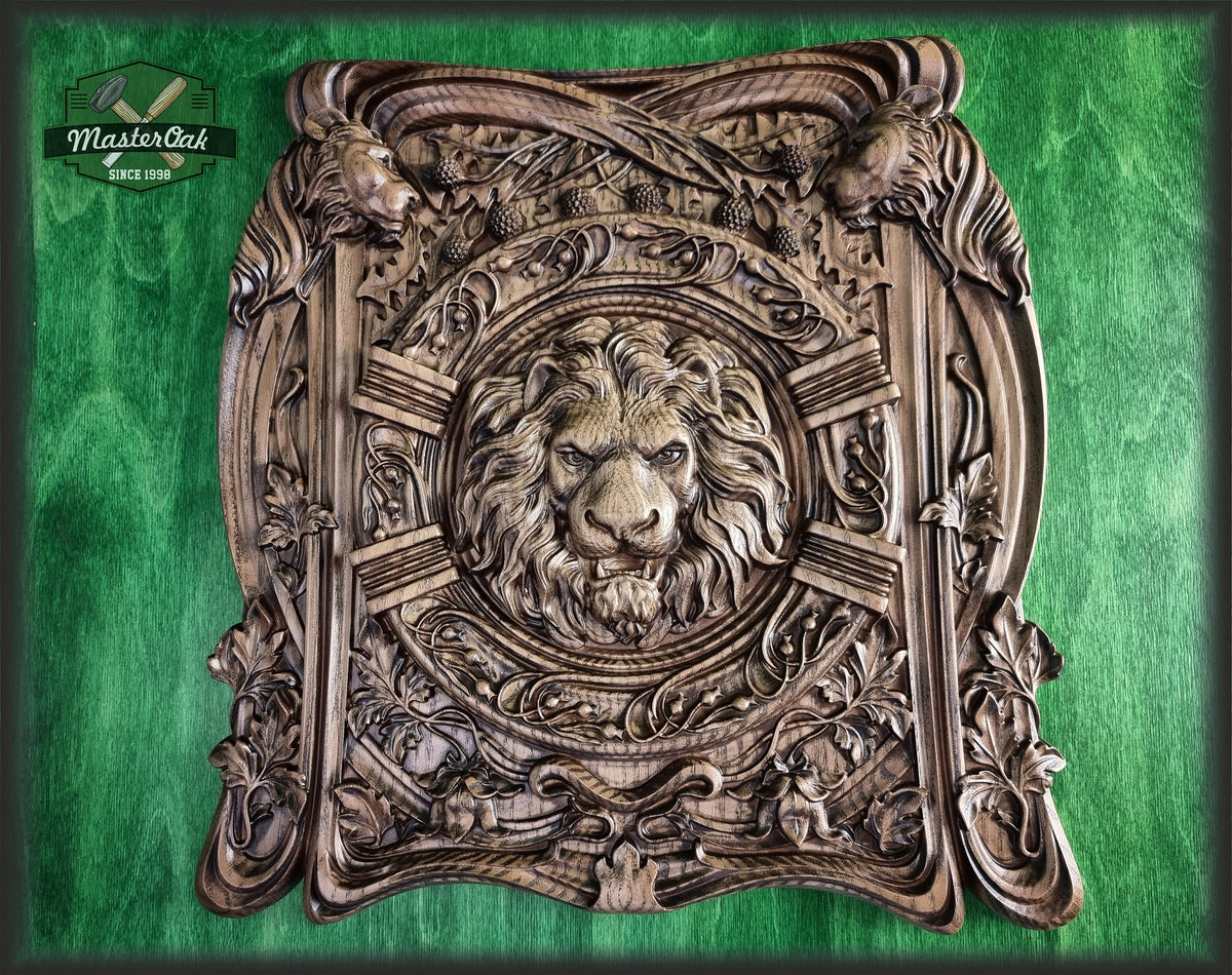 Wooden Lion Head Panel Carved wood carvings wood wall hanging plaque