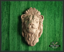 Load image into Gallery viewer, Lion head pediment applique, Carved Wood Face, Wood Carving Wall Art Wood Onlay

