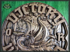 Victory or Valhalla carved panel of wood, Vikings Drakkar, Viking Wall art, Viking shield Wall decor,