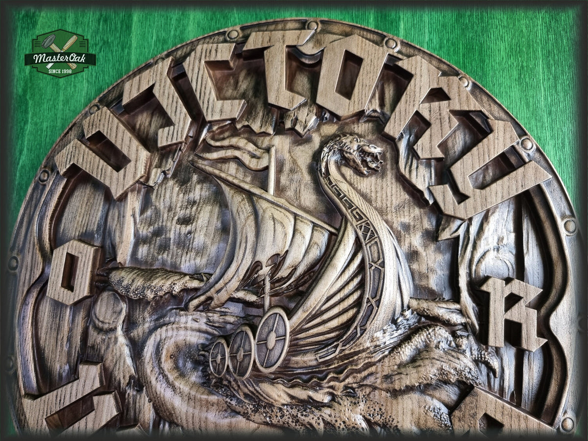 Victory or Valhalla carved panel of wood, Vikings Drakkar, Viking Wall art, Viking shield Wall decor,