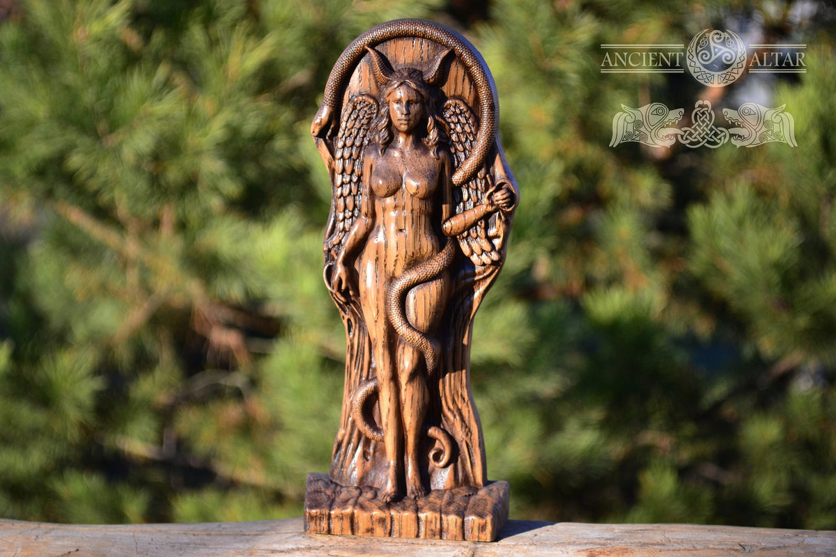 Lilith — Carved Oak Wood Statue, 9″