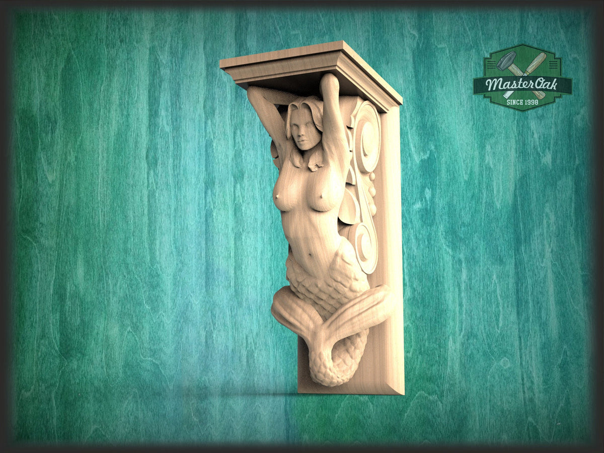 Corbel Mermaid of wood, Unpainted, Decorative Carved Wooden Corbel, 1pc, Home Wall Embellishments, wood onlays, wood wall art decor