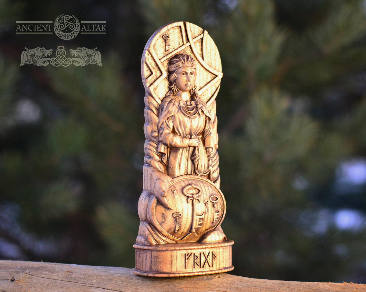 Frigg statue, Friga, Frigga, Norse gods, God Altar sculpture,  asatru viking god and goddes sculpture wooden scandinavian pantheon