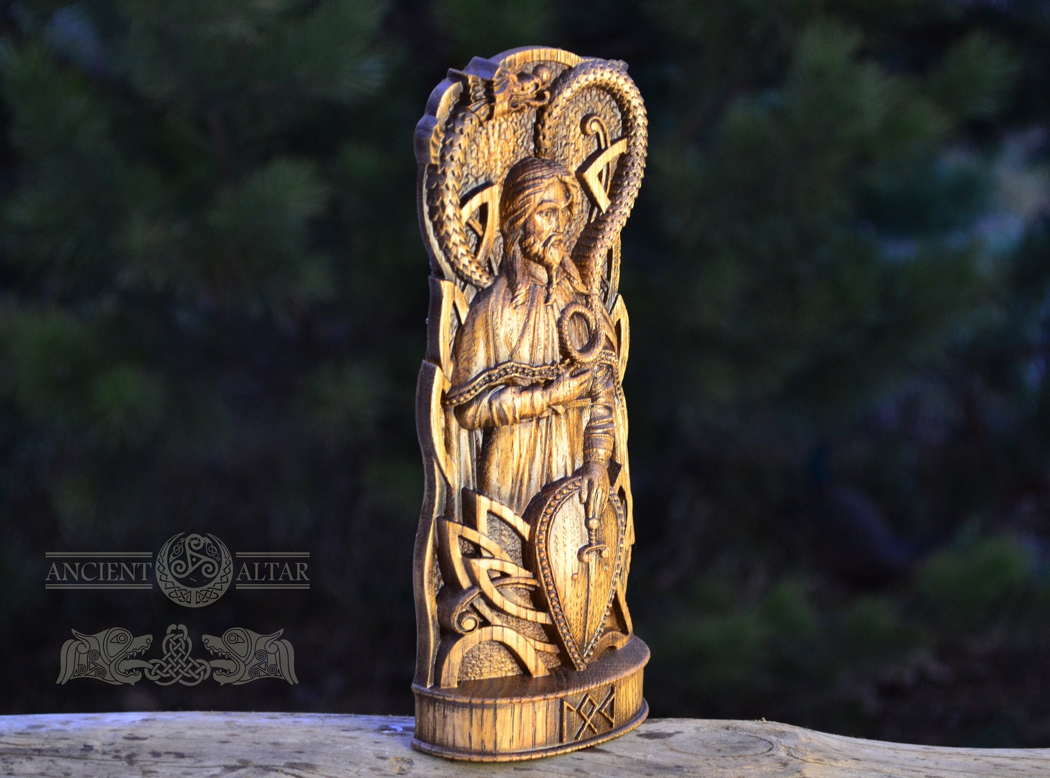 Thor statue, Mjollnir, Ragnarok, norse gods, wood carving altar heathen asatru viking popular god and goddes sculpture wooden scandinavian pantheon