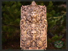 Load image into Gallery viewer, Wooden panel Carved Lion Head and Skull,  wood wall hanging plaque wood carvings wood carved dark art
