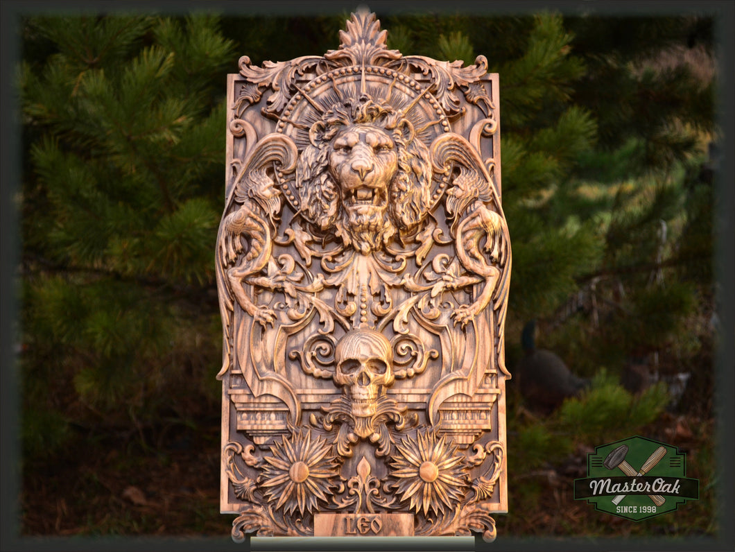 Wooden panel Carved Lion Head and Skull,  wood wall hanging plaque wood carvings wood carved dark art
