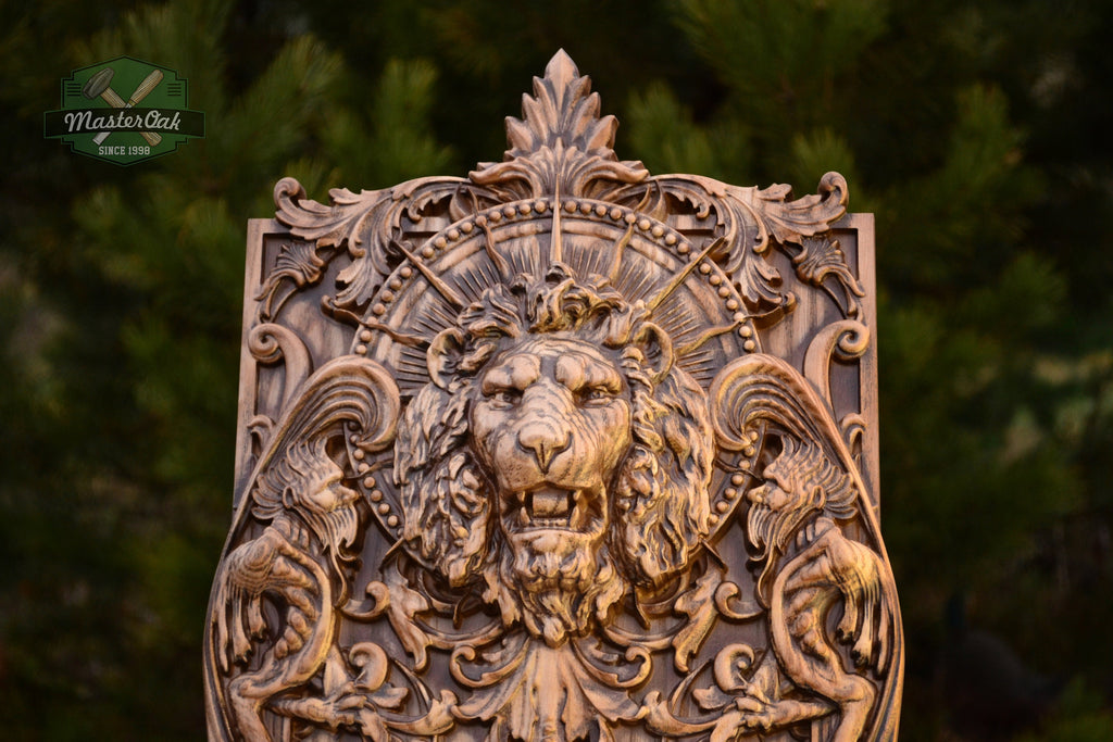 Wooden panel Carved Lion Head and Skull,  wood wall hanging plaque wood carvings wood carved dark art