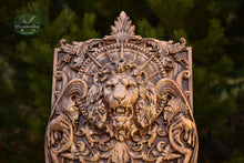 Load image into Gallery viewer, Wooden panel Carved Lion Head and Skull,  wood wall hanging plaque wood carvings wood carved dark art
