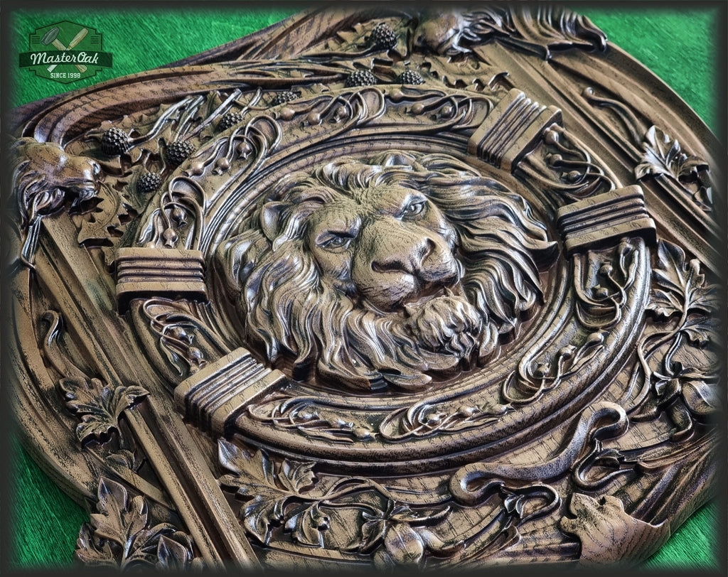 Wooden Lion Head Panel Carved wood carvings wood wall hanging plaque