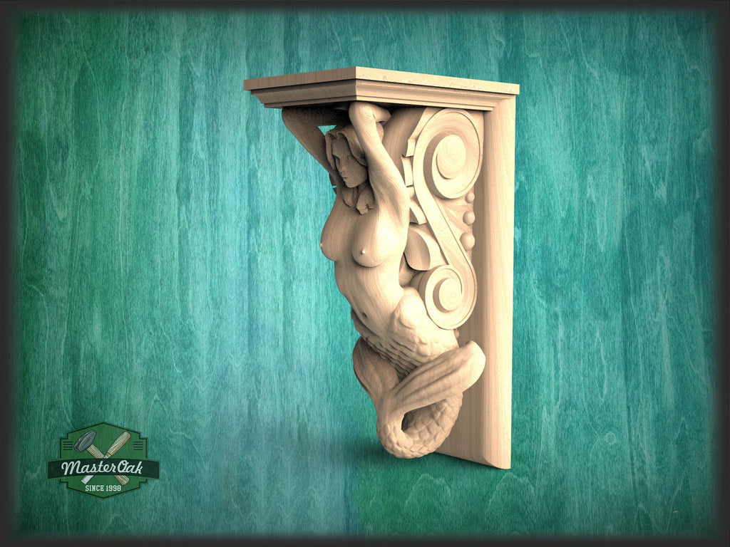 Corbel Mermaid of wood, Unpainted, Decorative Carved Wooden Corbel, 1pc, Home Wall Embellishments, wood onlays, wood wall art decor