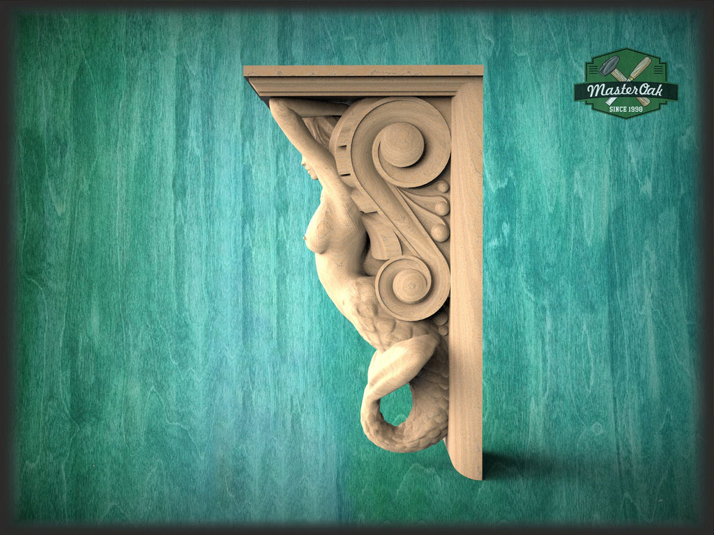 Corbel Mermaid of wood, Unpainted, Decorative Carved Wooden Corbel, 1pc, Home Wall Embellishments, wood onlays, wood wall art decor