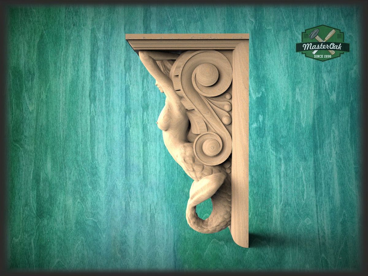Corbel Mermaid of wood, Unpainted, Decorative Carved Wooden Corbel, 1pc, Home Wall Embellishments, wood onlays, wood wall art decor