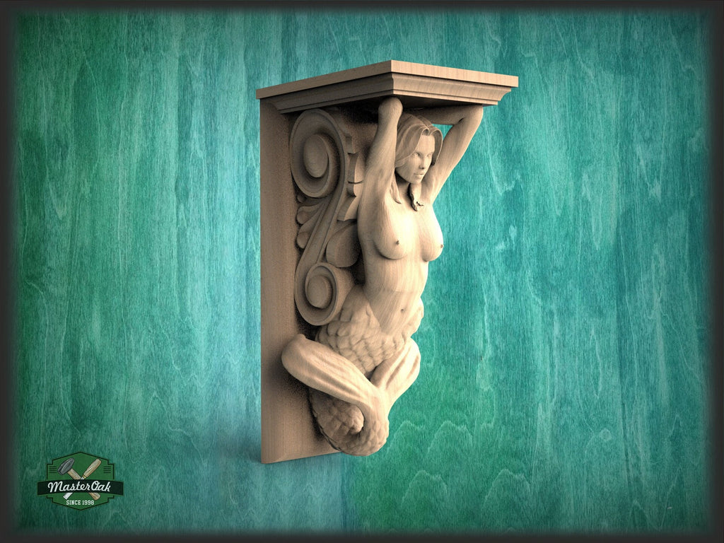 Corbel Mermaid of wood, Unpainted, Decorative Carved Wooden Corbel, 1pc, Home Wall Embellishments, wood onlays, wood wall art decor