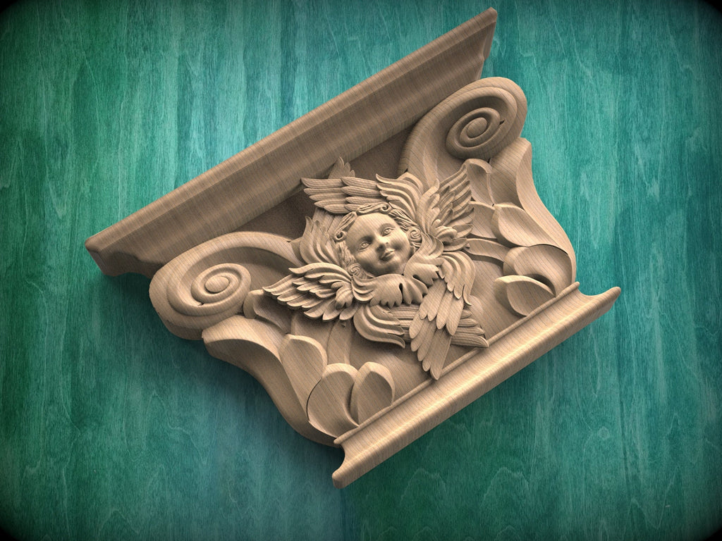 Wooden Capital with a Cherub, 1pc, Carved capital decor wood, Unpainted, Home Wall Embellishments, wood onlays, wood wall art decor