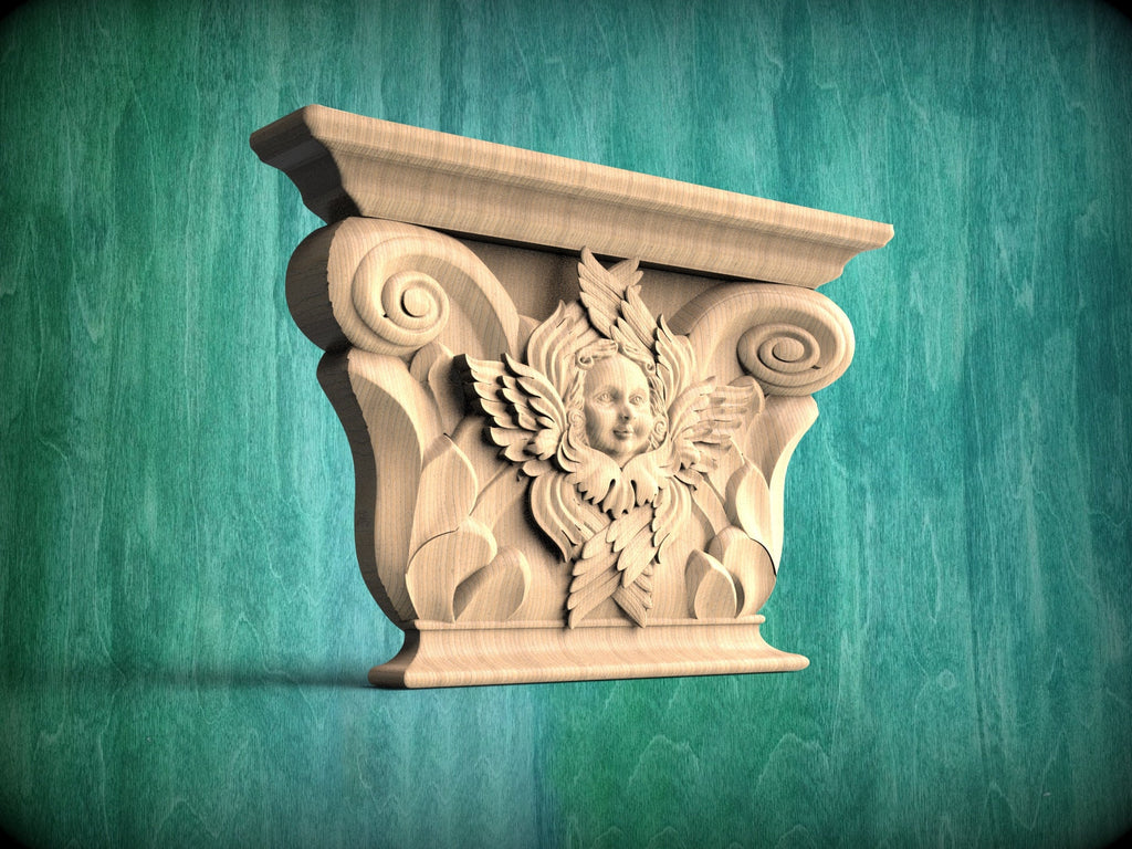 Wooden Capital with a Cherub, 1pc, Carved capital decor wood, Unpainted, Home Wall Embellishments, wood onlays, wood wall art decor