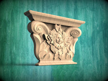 Load image into Gallery viewer, Wooden Capital with a Cherub, 1pc, Carved capital decor wood, Unpainted, Home Wall Embellishments, wood onlays, wood wall art decor
