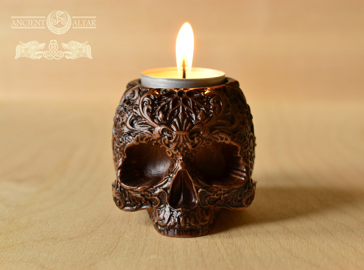 Skull Candle holder, Pagan candlestick, Scandinavian, home altar, sugar skull, runes, norse, viking, heathen, santa muerte