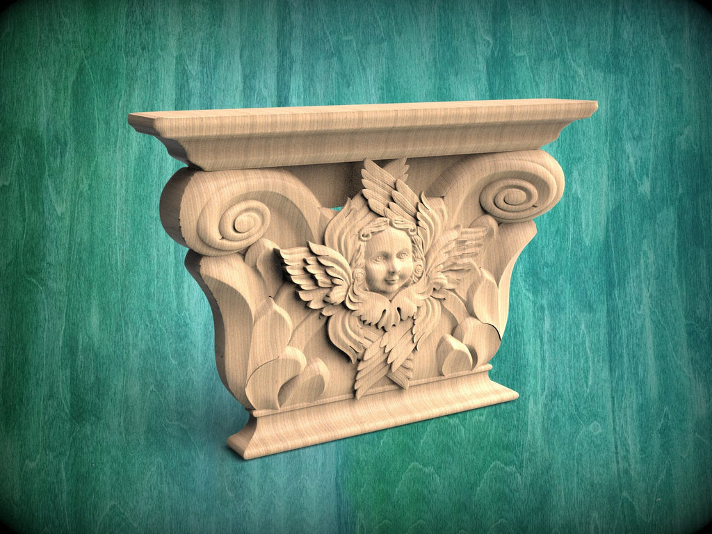 Wooden Capital with a Cherub, 1pc, Carved capital decor wood, Unpainted, Home Wall Embellishments, wood onlays, wood wall art decor