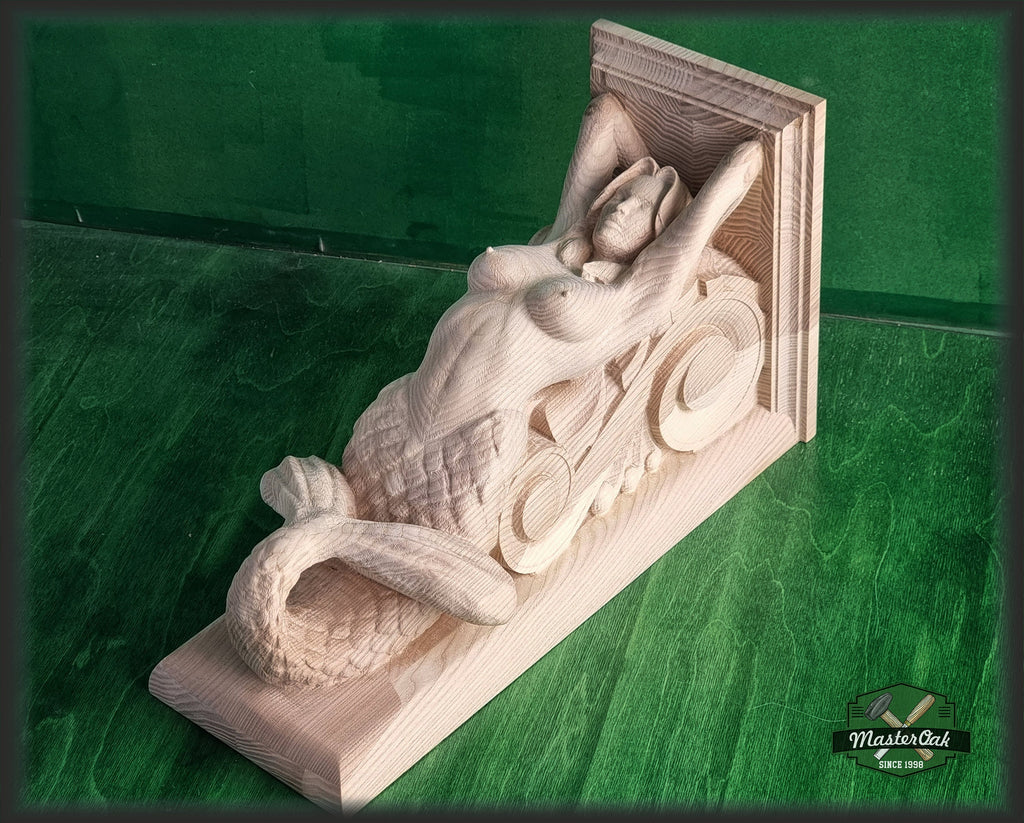 Corbel Mermaid of wood, Unpainted, Decorative Carved Wooden Corbel, 1pc, Home Wall Embellishments, wood onlays, wood wall art decor