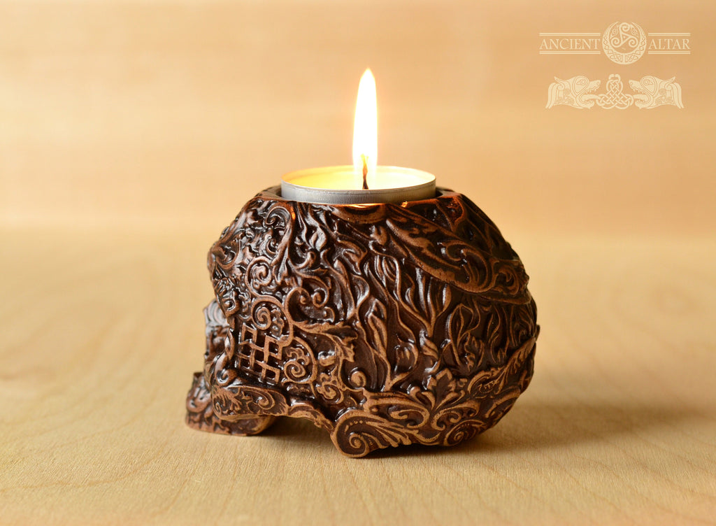 Skull Candle holder, Pagan candlestick, Scandinavian, home altar, sugar skull, runes, norse, viking, heathen, santa muerte