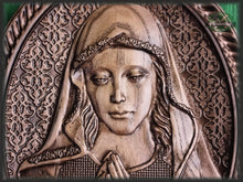 Load image into Gallery viewer, Virgin Mary wooden panel, Wood carved Virgin Mary, Religious catholic icons Gift ideas for women Gifts for mom Wooden Wall art
