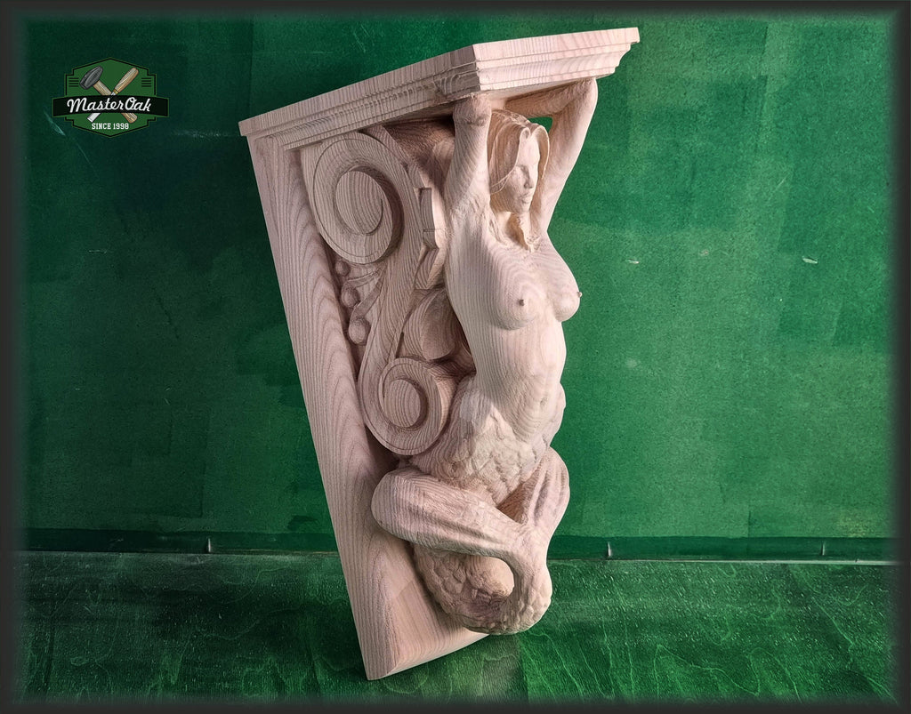 Corbel Mermaid of wood, Unpainted, Decorative Carved Wooden Corbel, 1pc, Home Wall Embellishments, wood onlays, wood wall art decor