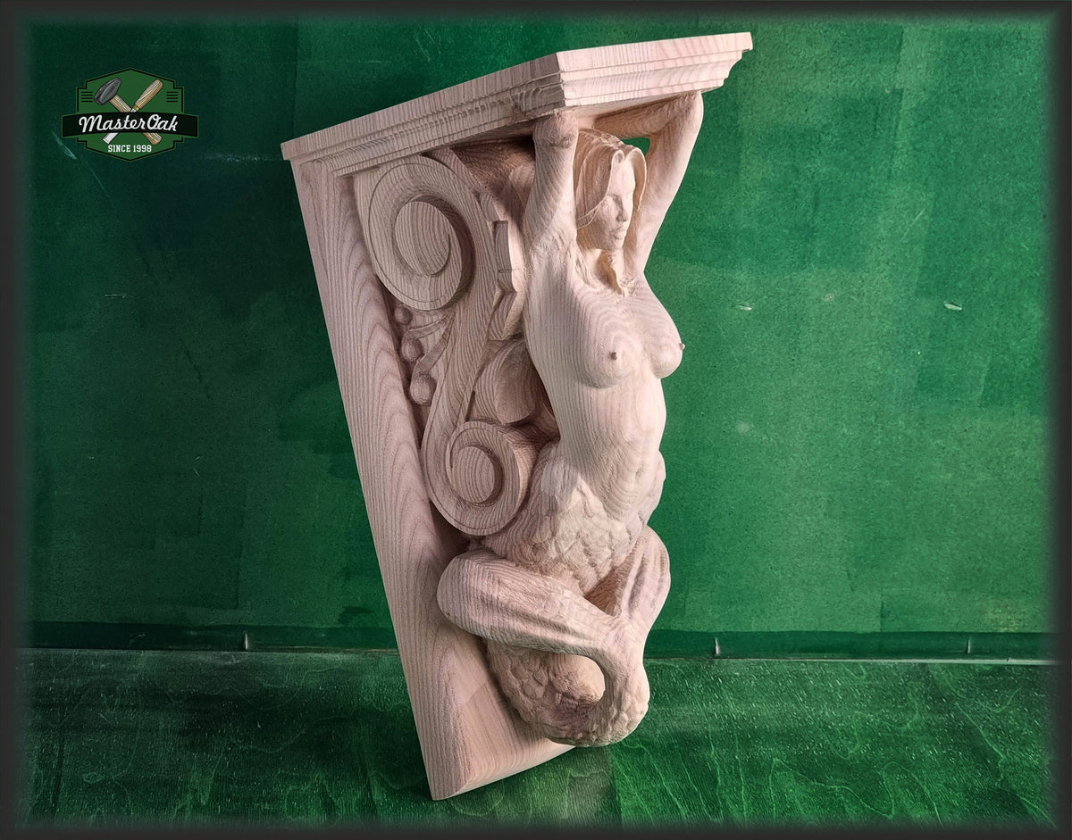 Corbel Mermaid of wood, Unpainted, Decorative Carved Wooden Corbel, 1pc, Home Wall Embellishments, wood onlays, wood wall art decor