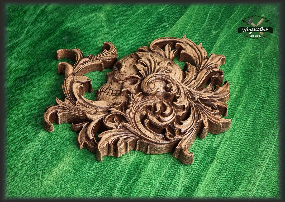 Skull in leaves carved panel made of wood, wood wall art, carved skull of wood, gift for him, Santa Muerte, Dark Art