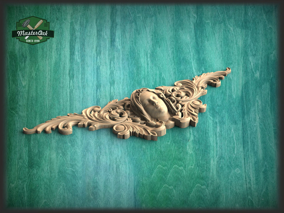 Our Lady Carved Wood Applique for Fireplace Mantel, carved flower, horizontal decor, carved decoration of wood, wooden onlay