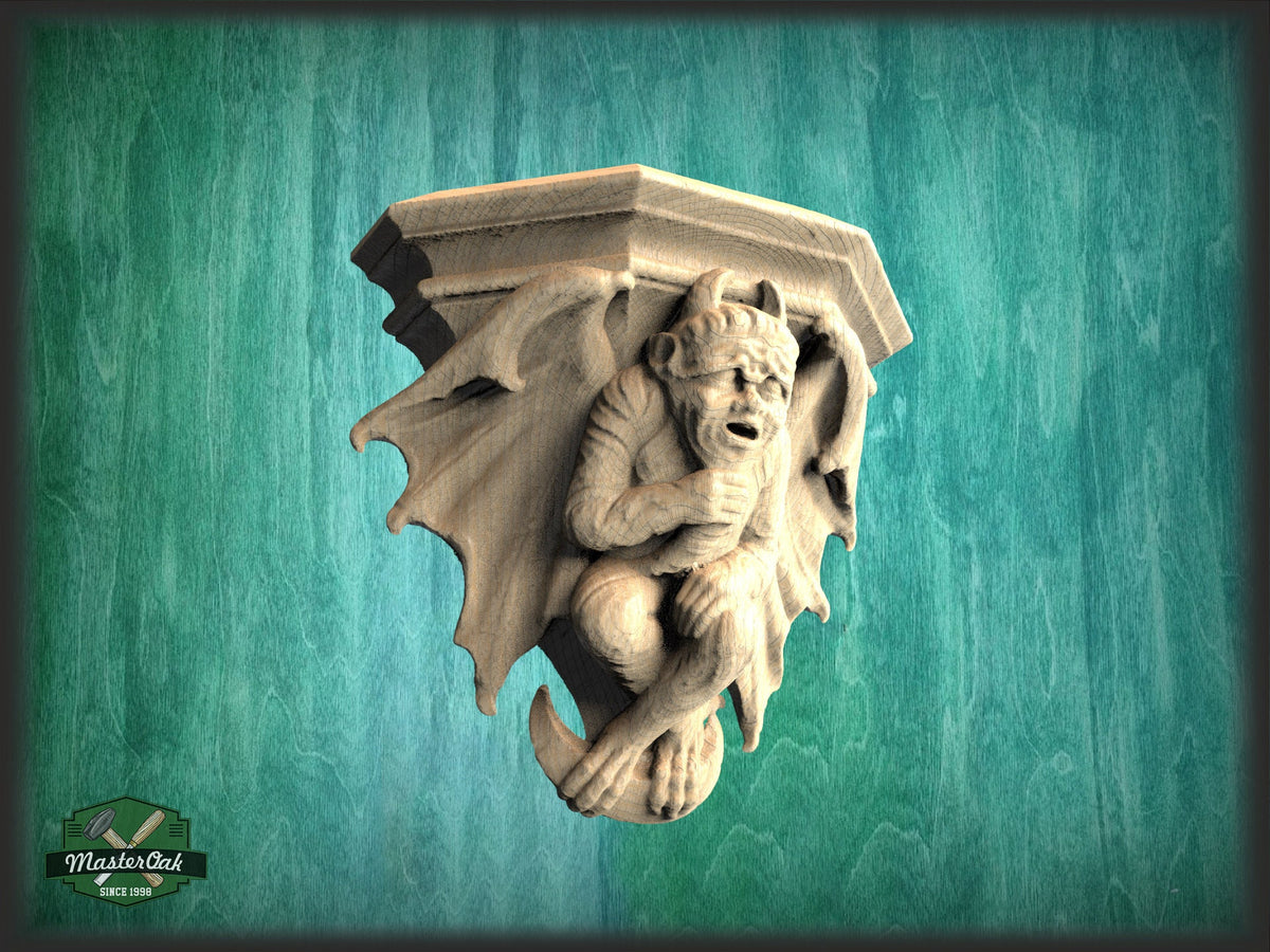 Devil  Gargoyle of wood, Carved Gothic Corbel Gargoyle, Fireplace Figure, Devil Victorian Wall Hanging