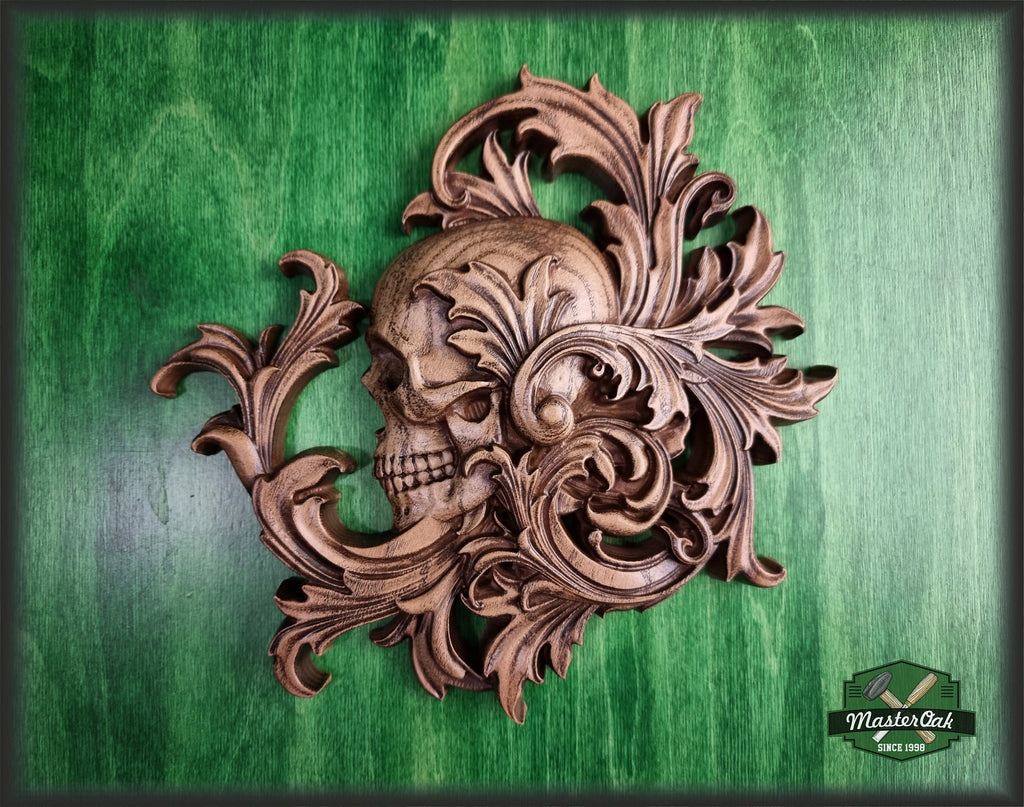 Skull in leaves carved panel made of wood, wood wall art, carved skull of wood, gift for him, Santa Muerte, Dark Art