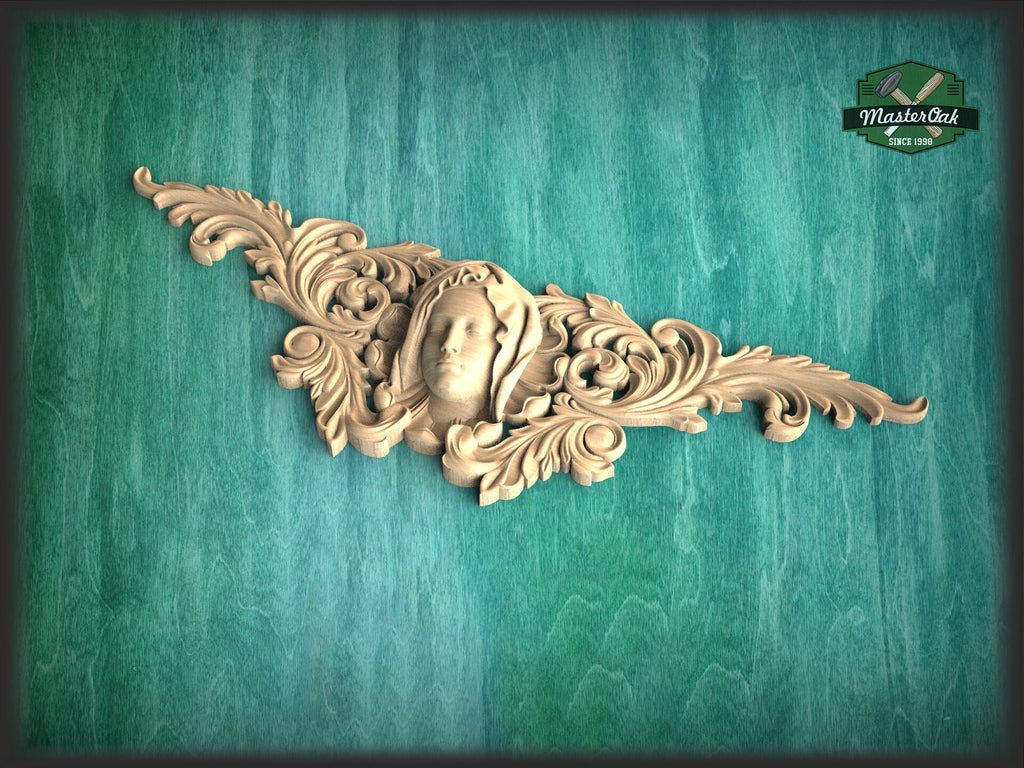 Our Lady Carved Wood Applique for Fireplace Mantel, carved flower, horizontal decor, carved decoration of wood, wooden onlay