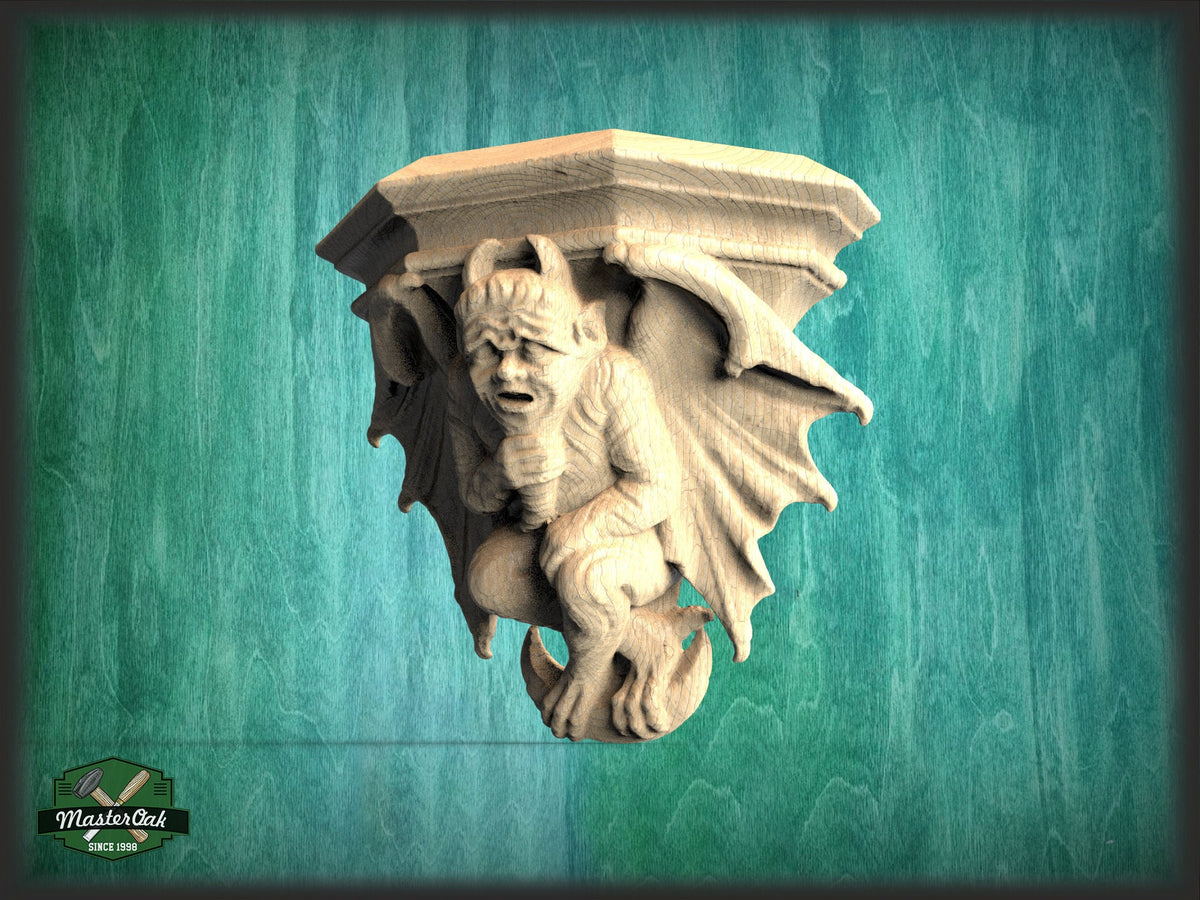 Devil  Gargoyle of wood, Carved Gothic Corbel Gargoyle, Fireplace Figure, Devil Victorian Wall Hanging