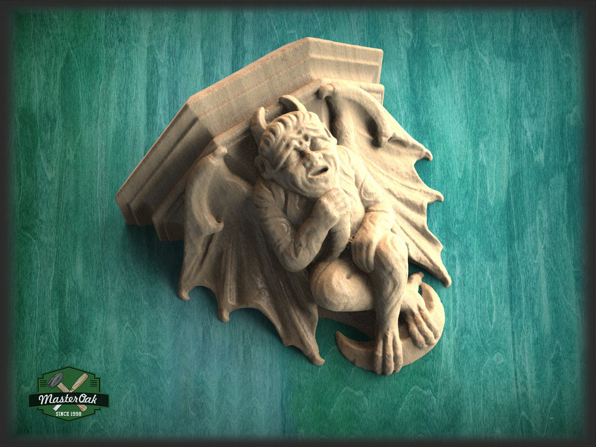 Devil  Gargoyle of wood, Carved Gothic Corbel Gargoyle, Fireplace Figure, Devil Victorian Wall Hanging