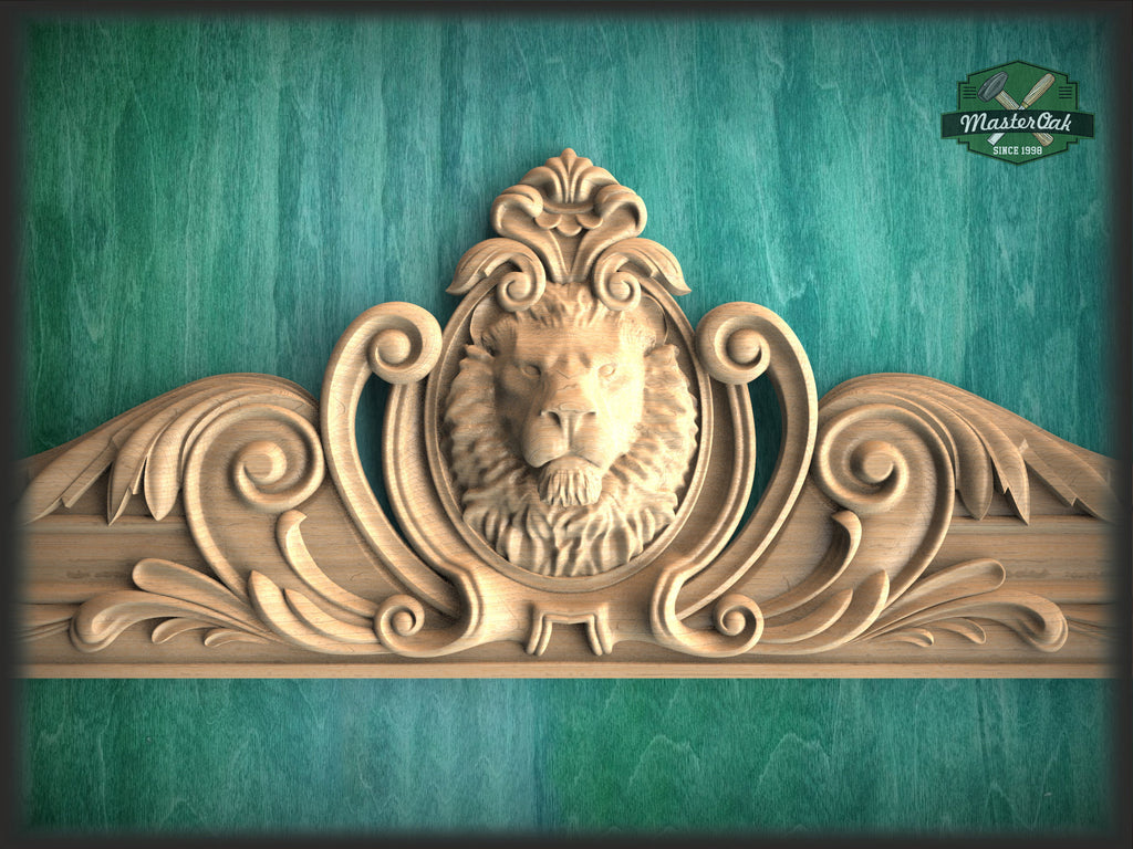 Lion Onlay above the entrance, Large oak floral center onlay with lion gead, horizontal decor, carved decoration of wood, wooden onlay