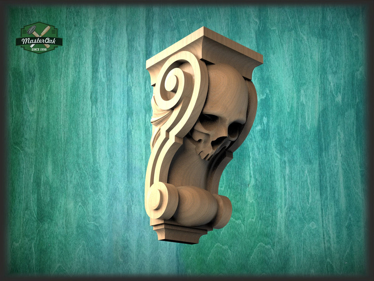 Corbel Skull made of wood, Unpainted, Decorative Carved Wooden Corbel, 1pc, Home Wall Embellishments, wood onlays, wood wall art decor